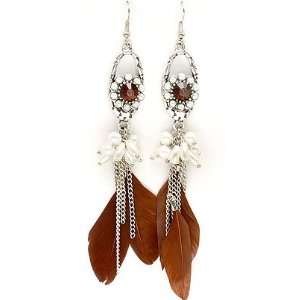  STUNNING Brown Feather Faux Pearl Earrings Jewelry