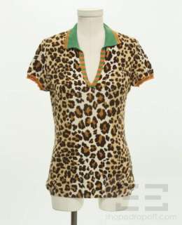 Moschino Cheap & Chic Tan Leopard Print & Green Trim Polo Shirt Size 