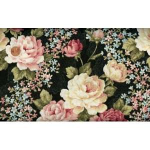 Clothworks Clarabelle Roses and Buds on Black Cotton Fabric By the 