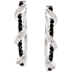 Sterling Silver Genuine Black Spinel and Diamond Hoop Earrings 1/4ct 