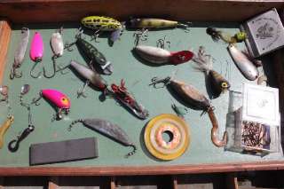 Antique Wood Fishing Tackle Box Lot with Vintage Lures & Gear Heddon 