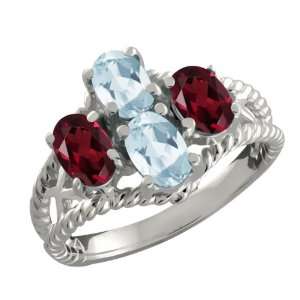   Oval Sky Blue Aquamarine and Red Garnet Sterling Silver Ring Jewelry