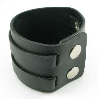 H952 Punk 2 Rows Black Leather Men/Women Double Button Wristband Cuff 