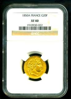 1850 A FRANCE CERES GOLD COIN 20 FRANCS * NGC RARE GEM  