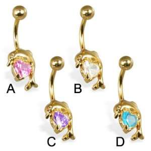 14K gold plated belly ring with dolphin and heart shaped stone, purple 