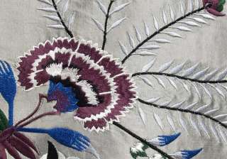 Embroidered, Silk Fabric. Silver Gray with Blue & Burgundy Embroidery 