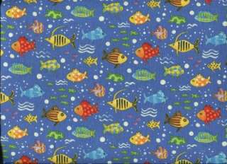 COLORFUL FISH & BUBBLES ON BLUE Cotton Fabric BTY for Quilting Craft 