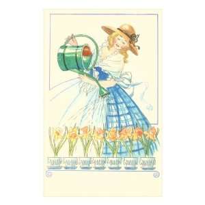  Costumed Lady Watering Daffodils Premium Poster Print 