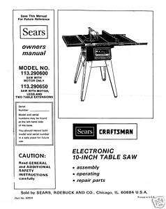 Craftsman Table Saw Manual Model # 113.290650  