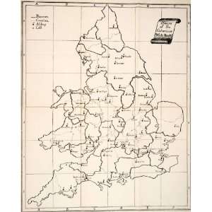 1890 Print Map England Houses Cistercians White Monks 