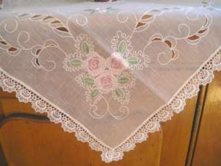 Pretty Lace Edge Pink Rose Embroidery Sheer Table Cloth  