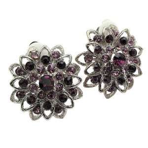   Purple Crystal Flower Silver Clip On Earrings Fashion Jewelry Jewelry