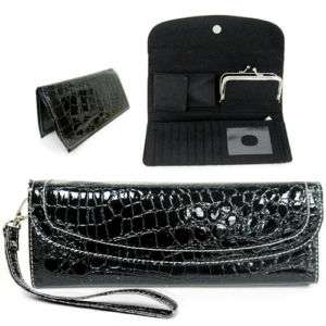 Glossy Black Mock Croc Wristlet Wallet Clutch  