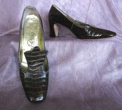 STANLEY PHILIPSON COUTURE 60s HI VAMP BRN CROC PUMPS~6N  