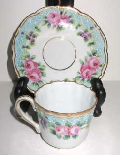 ANTIQUE NIPPON HP PINK ROSES MORIAGE DEMI CUP & SAUCER  