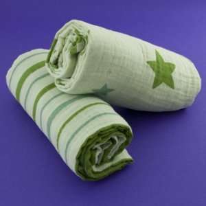   Land Muslin Organic Blankets Green Stars & Stripes   2 Pack Baby