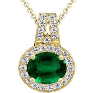   14K Yellow Gold Oval Cut Emerald And Round Diamond Pendant Jewelry