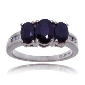  Blue Sapphire Ring W Diamond 14K White Gold 3 Stone 