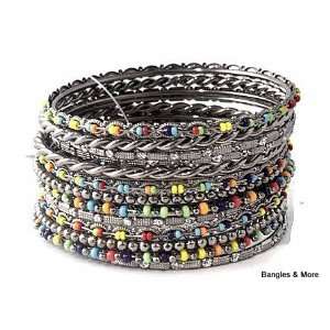  Set of Multi Color Beaded Silver Tone Bangles Jewelry