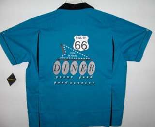 50s Retro style CLASSIC Bowling shirt TURQUOISE/Black w/Route 66 