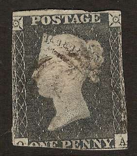 1840 Great Britain UK GB Queen QV Victoria 1d Penny Black Blue Paper 
