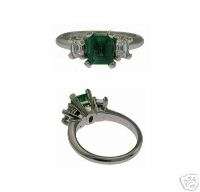 Estate Platinum 3 Stone Emerald Diamond Ladies Ring  