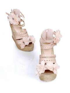 Womens Peep Toe Light Pink Flower Platform Wedge Espadrilles Sandals 