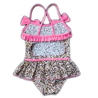 Baby Kids Girls 1 PCs Leopard Print Bow Swimsuit Swimwear w/ Cap 3 9 