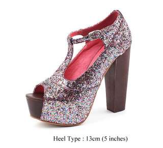 New Womens Pink Glitter T strap Heel Sandals US 5 6 7 8  