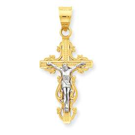 New 14k Two Tone Gold Narrow Cross w/ Crucifix Pendant  