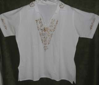 Mexican Oaxacan Embroidered Peasant Vintage Boho Floral Cotton Blouse 
