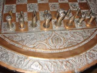 Hollywood Regency Brass   Copper Tray Chess Table and Chess Pieces Mid 
