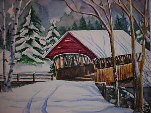Covered Bridge Winter Snow Landscape print of painting  