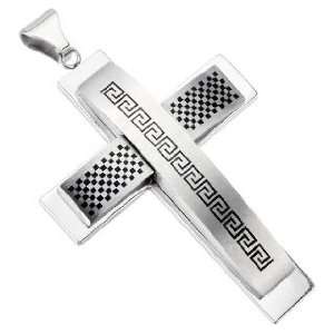   Steel Large Cross Pendant with Tribal/Checkered Pattern   80mm x 60mm