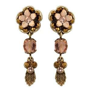 Michal Negrin Earrings with Hand Painted Flowers, Leaves, Beads, Brown 