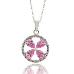  Sterling Silver Pink Flower CZ Round Pendant Jewelry