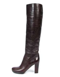 Prada Dark Brown Leather Knee Boots Sz 37.5 Platform High Heel Round 
