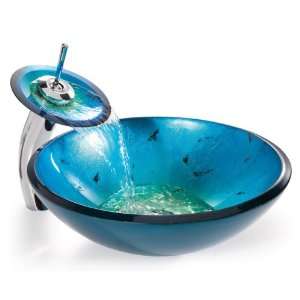 Kraus Round Irruption Blue Glass Vessel Sink with Waterfall Faucet C 
