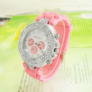 Pink Geneva Crystal Silicone Jelly Quartz Wrist Watch Ladies Women 