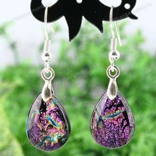 Teardrop Color Foil Dichroic Lampwork Glass Earring 2pc Jewelry Xmas 