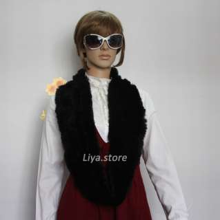 new womens real rabbit fur long black knit scarf wrap shawl neck 