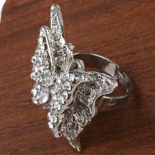 White Rhinestone Butterfly Fashion Ring #8 Adjustable  