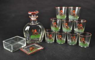 Vtg FEDERAL GLASS Handpainted Hunt Scene 11pc Bar Set Decanter 