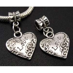  Silver Love Heart Dangle Charm Bead for Bracelet or 