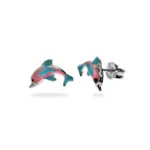  Pink and Blue Diving Dolphin Kids Stud Earrings Eves 
