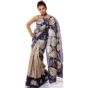 Printed Sari from Kolkata with Threadwork and Sequins   Pure Tussar 
