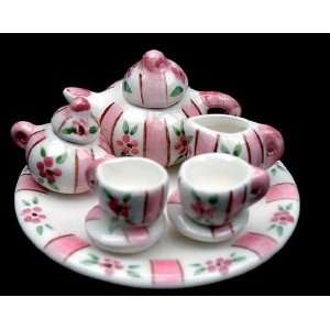 Peppermint Pink Striped Miniature Tea Set 