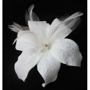 NEW Gorgeous Velvet White Lily Hair Flower Clip with Crystals and 