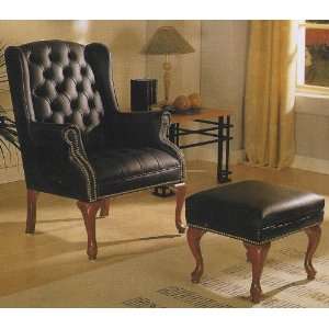  Dark Blue leather wing chair with ottoman