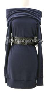 NAVY BLUE Sweater Cowl Dress Knit Belted Long Sleeve S  